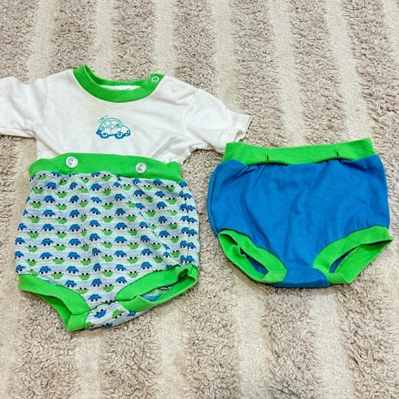 1980s Vintage Toddle Time set baby boy cars embroidered neon romper onesie short - Picture 2 of 8